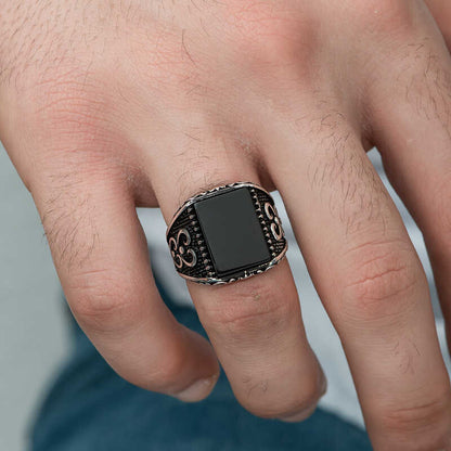 Herren-Silberring mit Onyx-Steinmuster