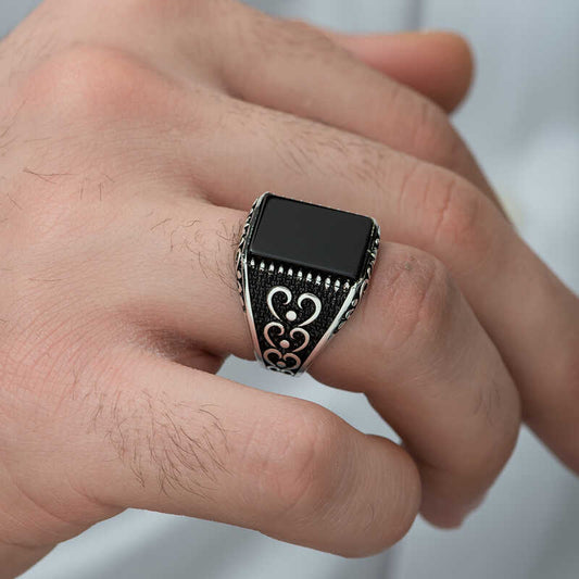 Herren-Silberring mit Onyx-Steinmuster