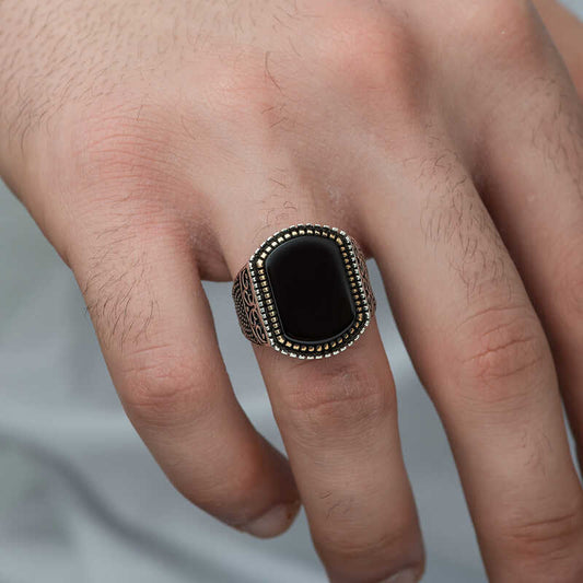 Herren-Silberring mit Onyx-Steinmuster