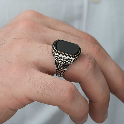 Herren-Silberring mit Onyx-Steinmuster