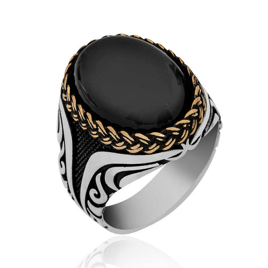 Onyx Stone Patterned Men's Silver Ring
