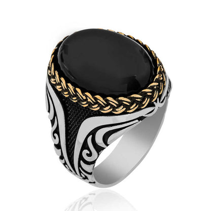 Onyx Stone Patterned Men's Silver Ring