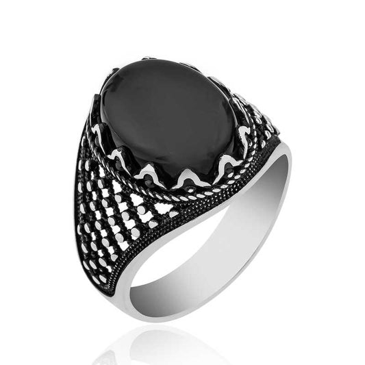 Onyx Stone Patterned Men's Silver Ring