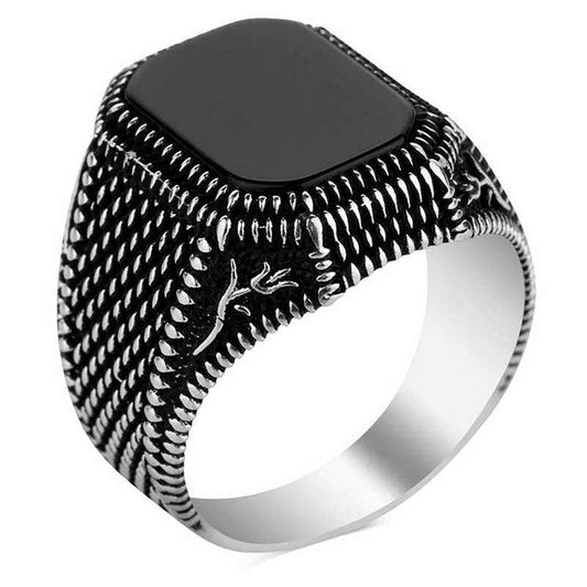 Onyx Stone Patterned Men's Silver Ring