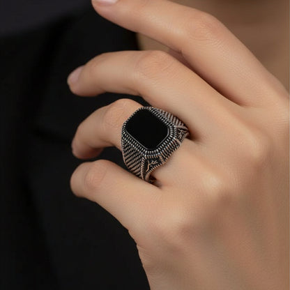Herren-Silberring mit Onyx-Steinmuster