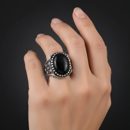 Onyx Stone Patterned Men's Silver Ring