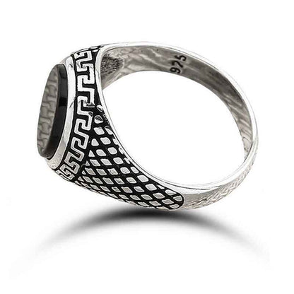 Onyx Stone Patterned Men's Silver Ring
