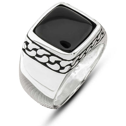 Onyx Stone Patterned Men's Silver Ring