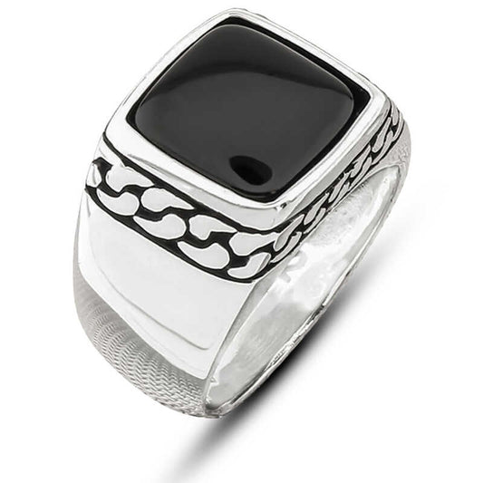Onyx Stone Patterned Men's Silver Ring