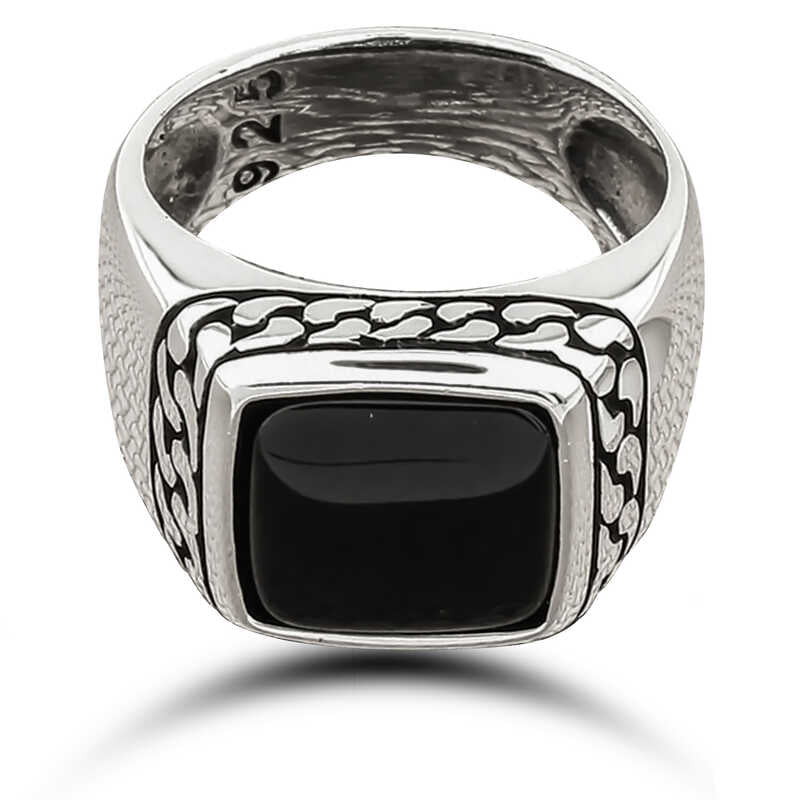 Onyx Stone Patterned Men's Silver Ring