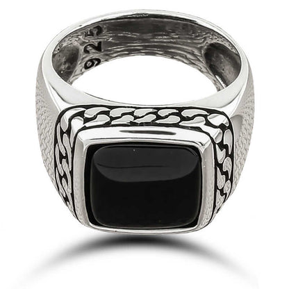 Onyx Stone Patterned Men's Silver Ring
