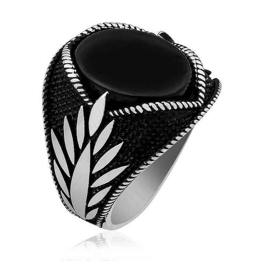 Onyx Stone Engraved Men's Silver Ring