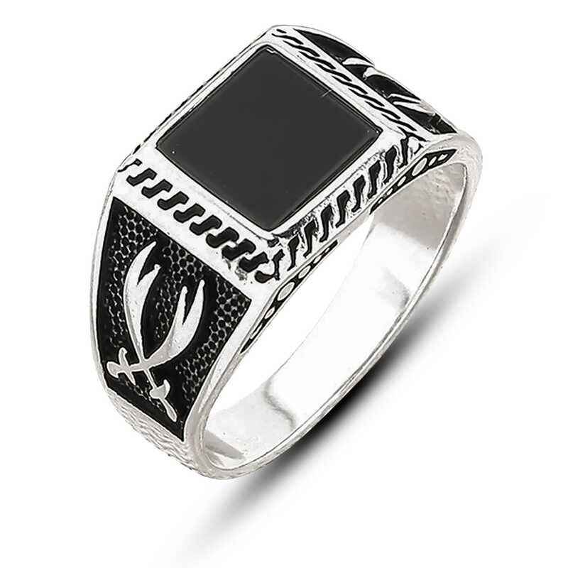 Onyx Stone Sword Men's Silver Ring