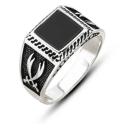 Onyx Stone Sword Men's Silver Ring