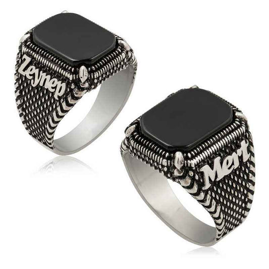 Onyx Stone Name-Engravable Men's Silver Ring