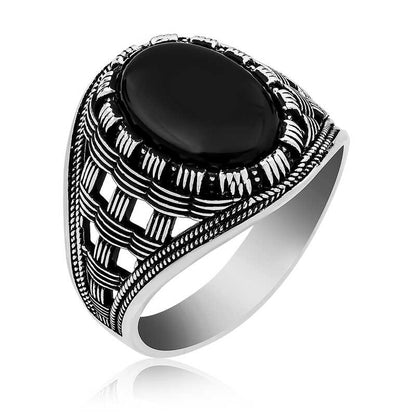 Herren-Silberring mit geflochtenem Onyx-Steinmuster