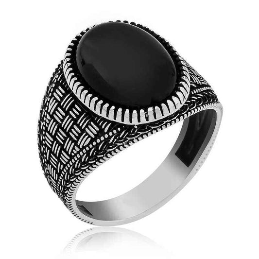 Onyx Stone Braided Pattern Men's Silver Ring
