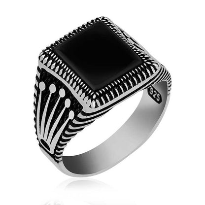 Onyx Stein Krone Muster Herren Silber Ring