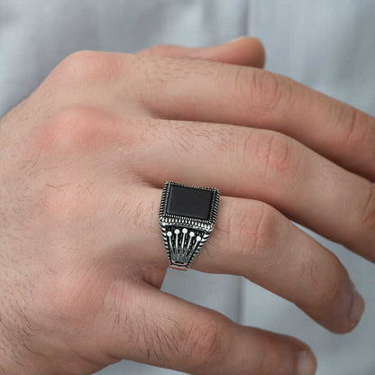 Onyx Stein Krone Muster Herren Silber Ring