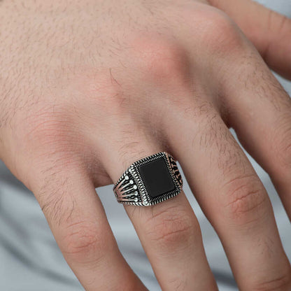 Onyx Stein Krone Muster Herren Silber Ring