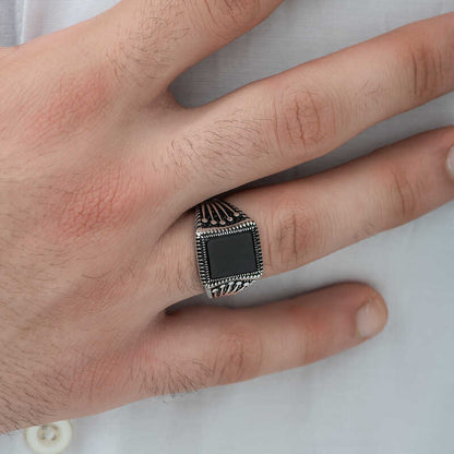 Onyx Stein Krone Muster Herren Silber Ring