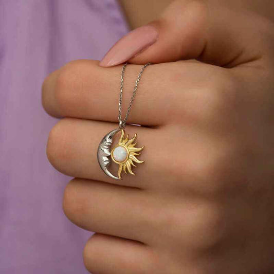 Opal White Stone Sun Moon Women's Silver Pendant