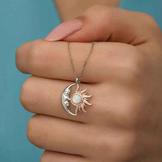 Opal White Stone Sun Moon Women's Silver Pendant