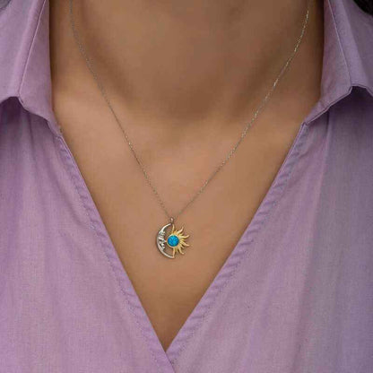 Opal Blue Stone Sun Moon Women's Silver Necklace