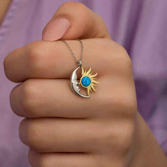Opal Blue Stone Sun Moon Women's Silver Necklace