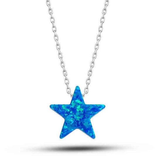 Opal Blue Stone Star Women's Silver Necklace