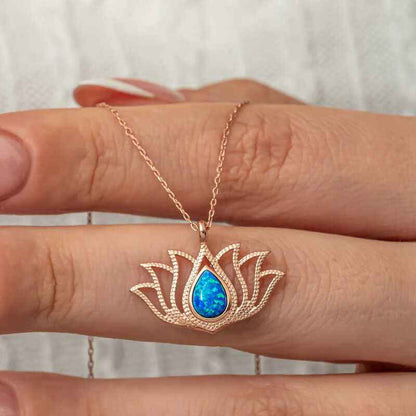 Opal Stone Rose Plated Lotus Flower Women's Silver Necklace
