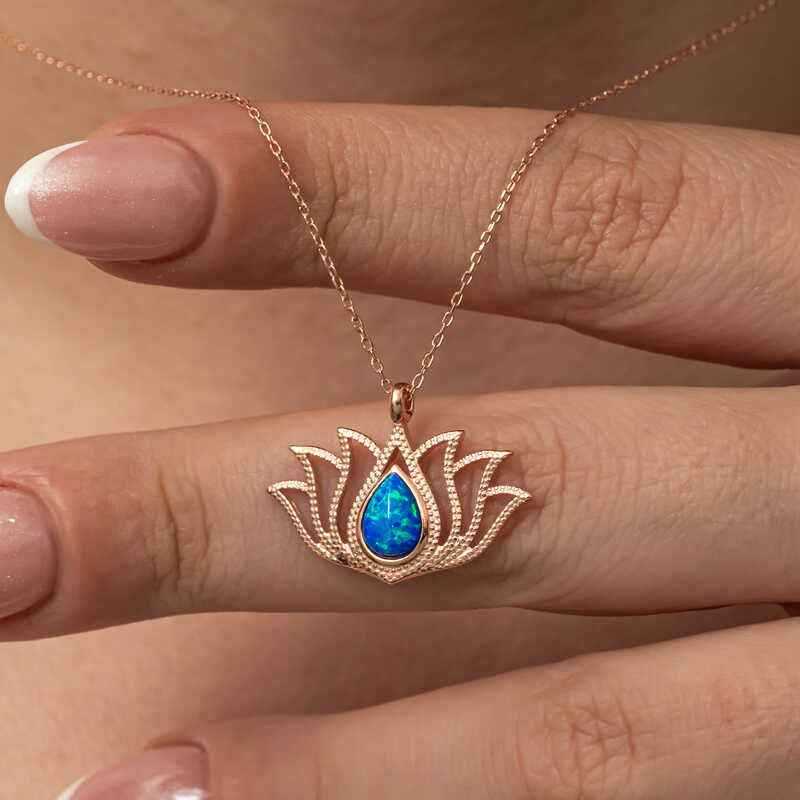 Opal Stone Rose Plated Lotus Flower Women's Silver Necklace