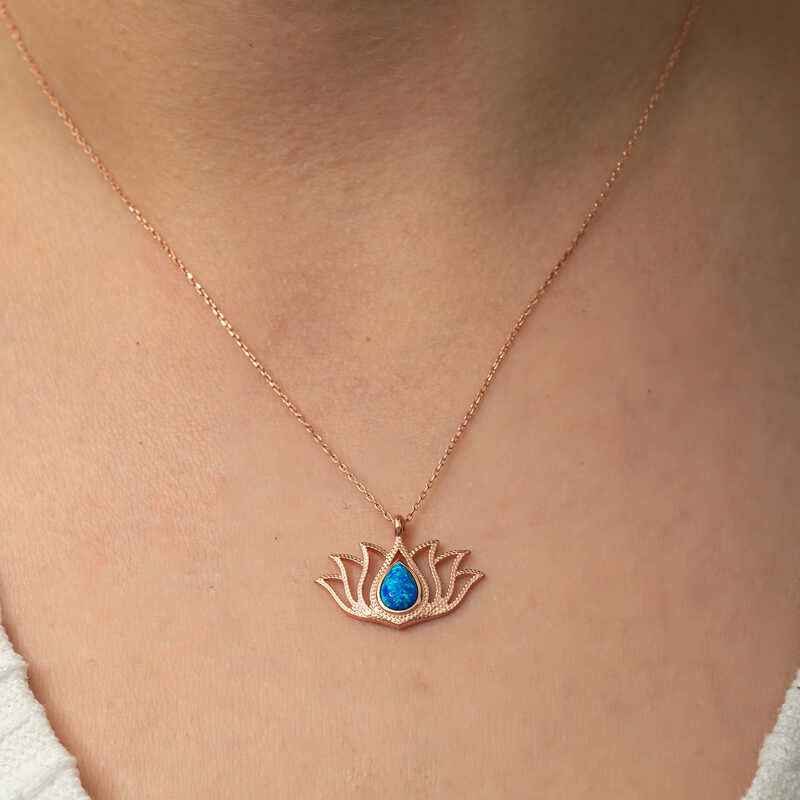 Opal Stone Rose Plated Lotus Flower Women's Silver Necklace