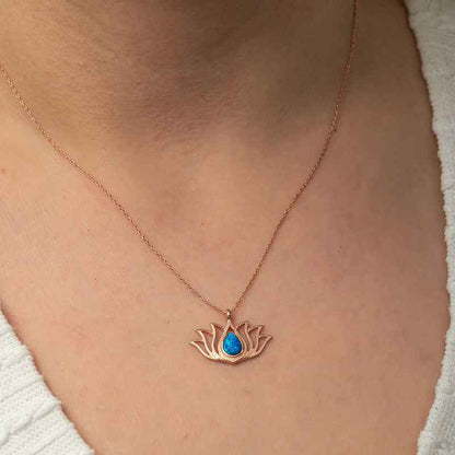Opal Stone Rose Plated Lotus Flower Women's Silver Necklace