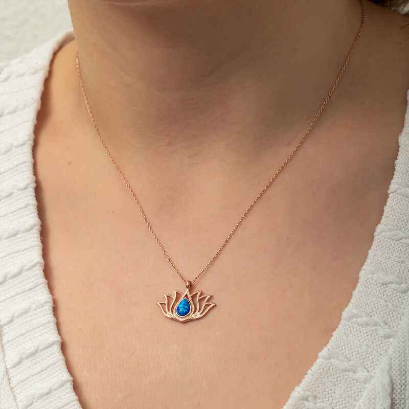 Opal Stone Rose Plated Lotus Flower Women's Silver Necklace