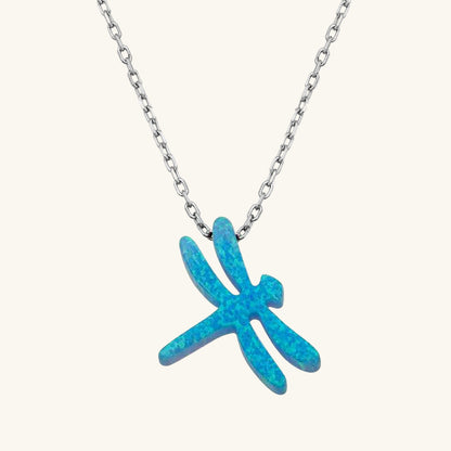 Blue Opal Stone Dragonfly Women's Silver Necklace