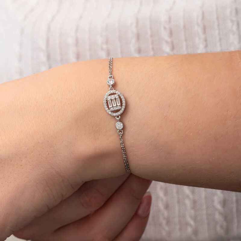 Oval Baguette Stone Women's Silver Bracelet