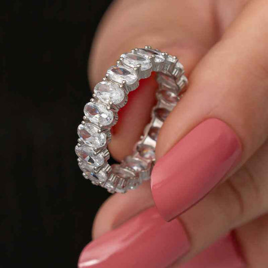 Oval Stone Full Halo Women's Silver Ring