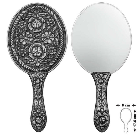 Miroir à main argenté à motif marguerite et rose