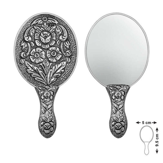 Miroir à main argenté à motif marguerite et rose