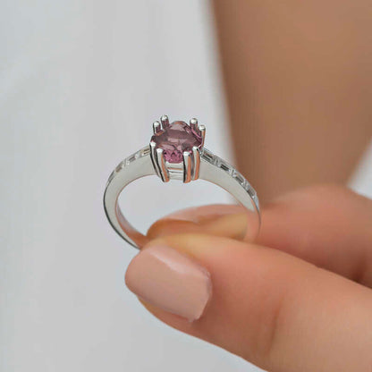 Pink Baguette Single Stone Women's Silver Ring
