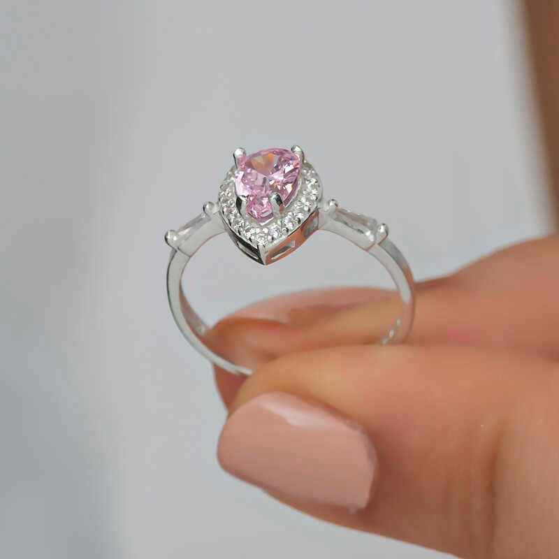 Pink Drop Stone Women's Silver Ring