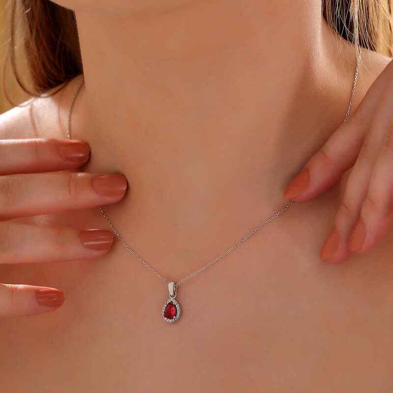 Pink Drop Zircon Stone Women's Silver Necklace