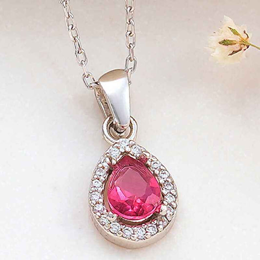 Pink Drop Zircon Stone Women's Silver Necklace