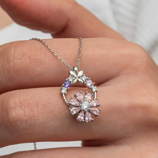 Pink Rotating Flower Women's Silver Necklace