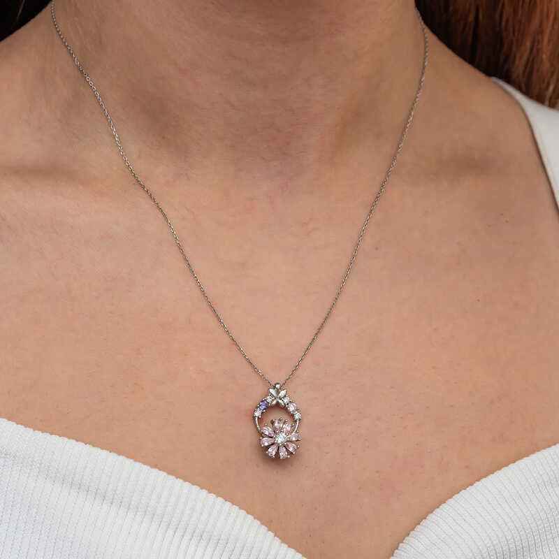 Pink Rotating Flower Women's Silver Necklace