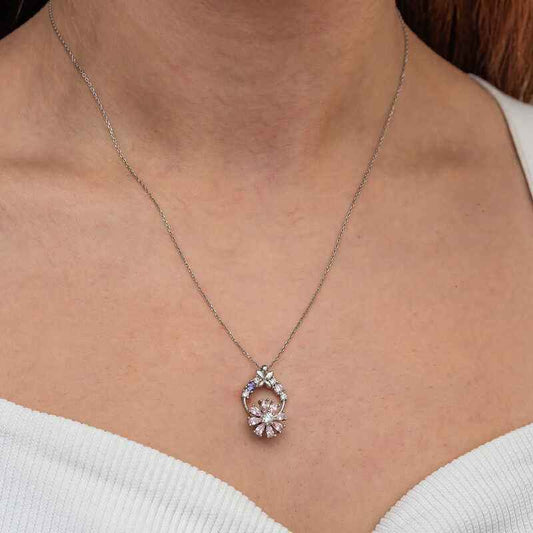 Pink Rotating Flower Women's Silver Necklace