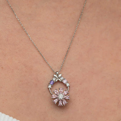 Pink Rotating Flower Women's Silver Necklace