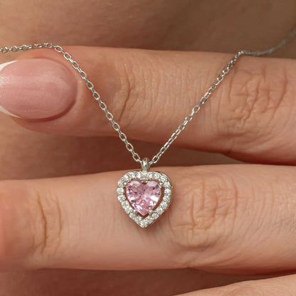 Pink Heart Stone Women's Silver Necklace