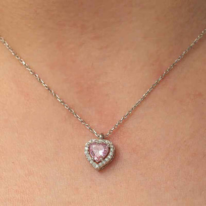 Pink Heart Stone Women's Silver Necklace